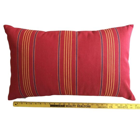 Pottery Barn Outdoor Canvas Lumbar Pillow Red Blue Yellow Awning Stripe 16x26 - Picture 6 of 7